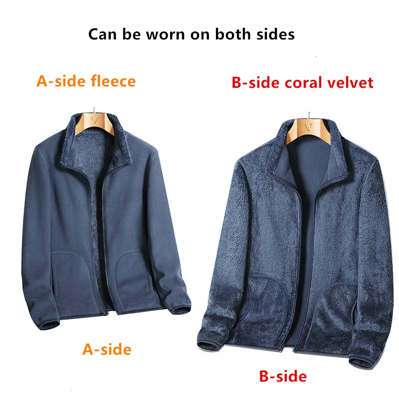 New Autumn Winter Men\'S Reversible Fleece Coat With A Stylish And Versatile Stand Up Collar Thickened And Warm Cardigan Jacket