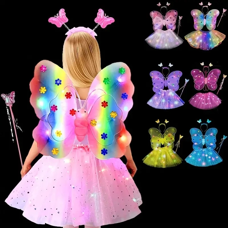 4Pcs LED Light Up Fairy Costume Set Butterfly Wings Tutu Skirt Wand Headband Girls Party Cosplay Stage Performance Photo Shoots