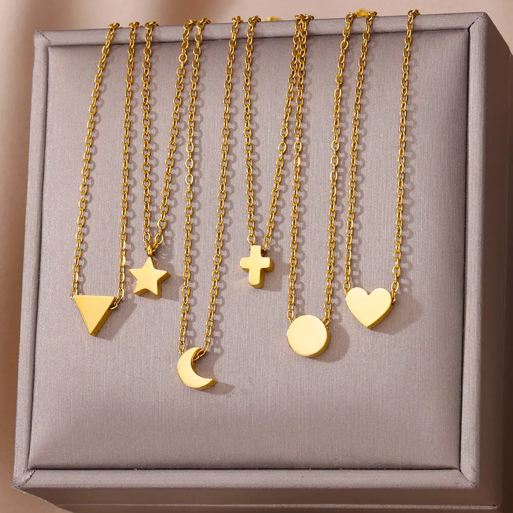 Stainless Steel Necklaces For Women Men Gold Color Moon Star Cross Heart Necklace Pendant Male Female Neck Chain Jewelry Gift