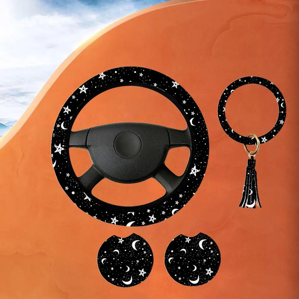 Moons Stars Steering Wheel Cover with Coasters and Leather Fit Cars for Women