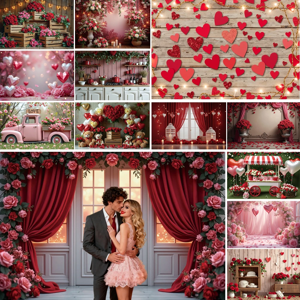 

MOON.QG Valentine's Day Decoration Background Teddy Bear Garden Rose Curtains Backdrops For Photography Accessories Photobooth