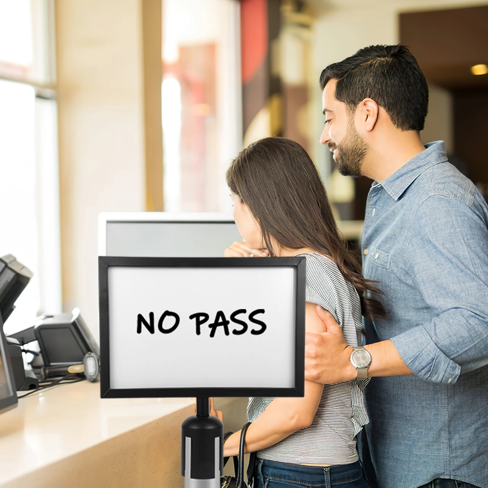 Stanchion Sign Holder A4 Hitam Horizontal Stainless Steel Queue Line Crowd Control Retractable Belt Safety Barrier Bandara