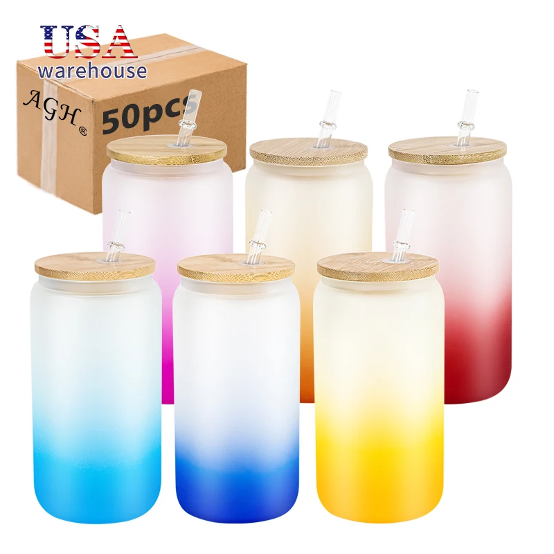 

50pcs Mixed Colors 16oz Gradient Frosted Sublimation Glass Beer Can Mason Jar With Bamboo Lid and Plastic Straw Wang