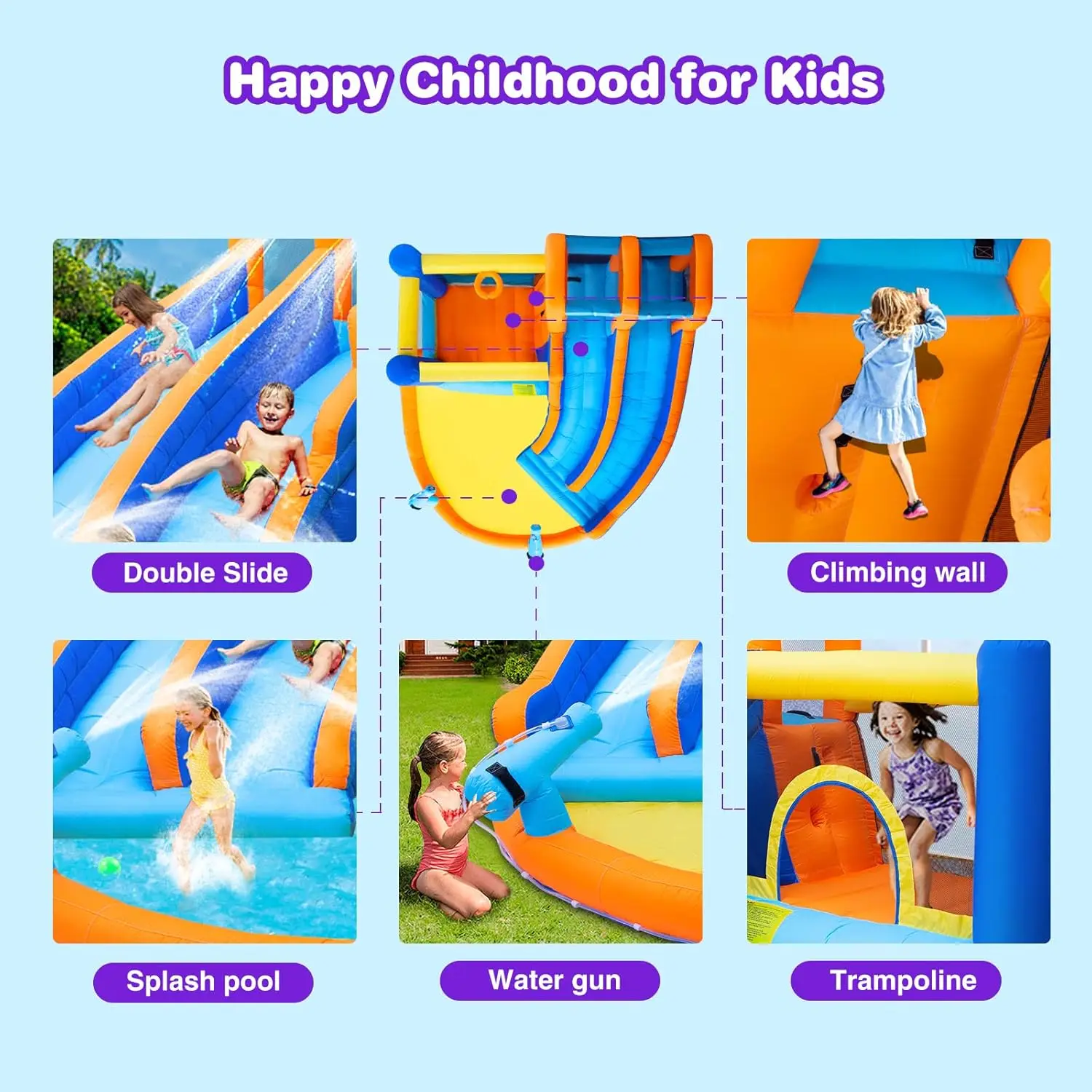 Inflatable Water Slide Bounce House,Giant Water Park, Double Slide Bouncer Castle w/Splash Pool, Jump Area, Climbing Wall, 550W view 4