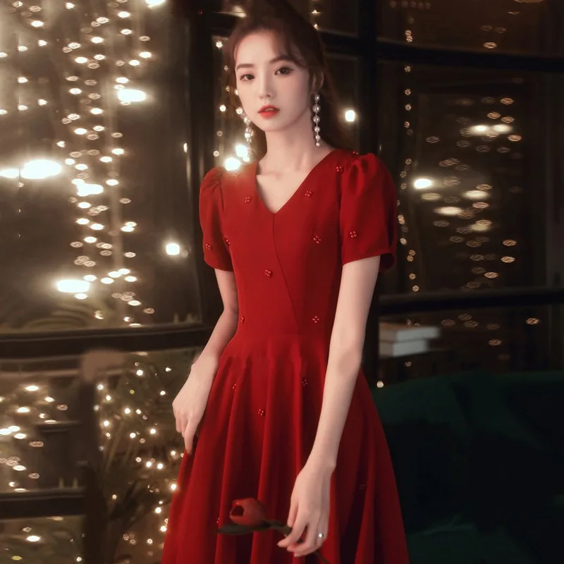 Burgundy Satin Wedding Dress for Bride Elegant Beading Formal Evening Long Party Summer Dress Women Sexy V Neck Birthday Dress