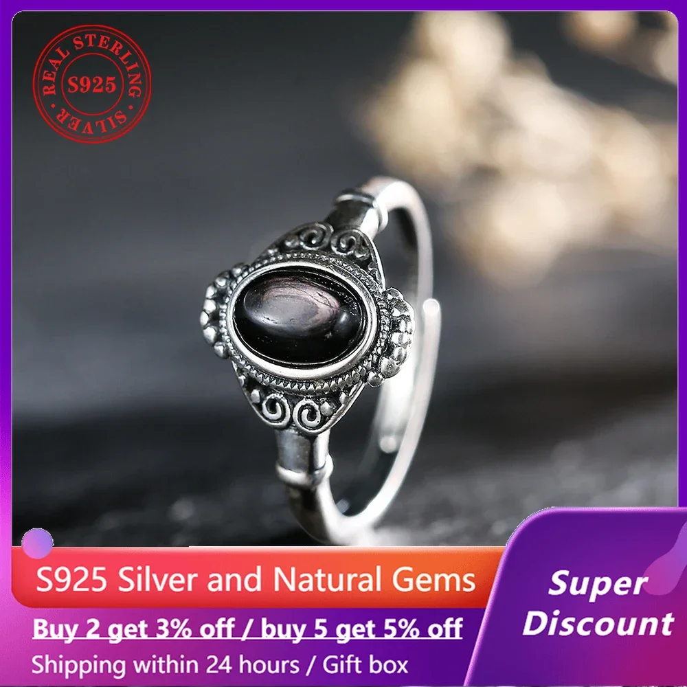 

S925 sterling silver retro ring inlaid with natural Golden Rutilated Quartz men's ring jewelry women's ring brings good luck