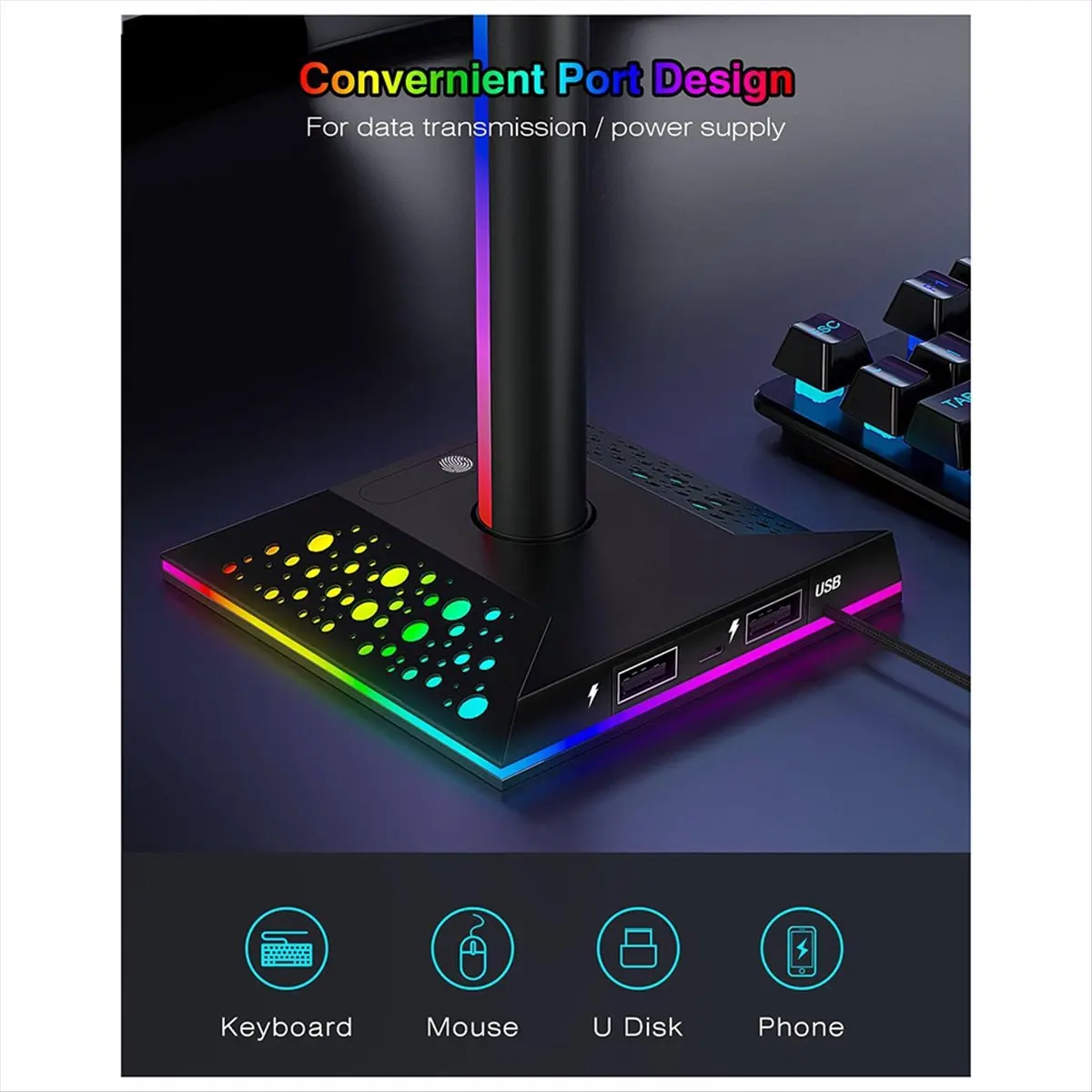 

Необыкновенная подставка для игровых наушников RGB-подсветка с двумя портами USB Сенсорная подставка для наушников 3,5 мм с аудио
