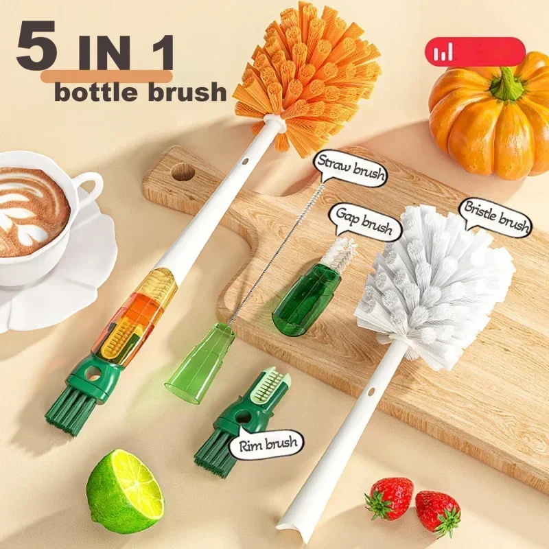 1PC Water Bottle Cleaner Brush Silicone Detachable Scrubber Long Handle Narrow Milk Kettle Wineglass 5 In 1 Cleaner Kitchen Tool