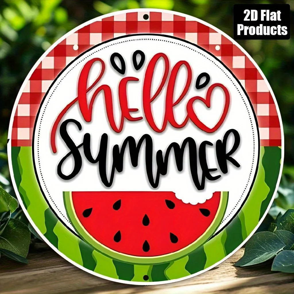 Wassermelonen-Kranz-Schild, 20,3 x 20,3 cm, runde 2D-Aluminiumplakette, Sommer-Wanddekoration für Zuhause, Küche, Garten