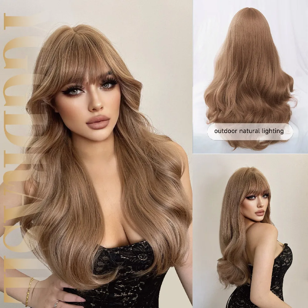 

28Inch Golden Brown Fashion Synthetic Wigs With Bangs Long Wavy Hair Wig For Women Daily Use Cosplay Drag Queen Heat Resistant