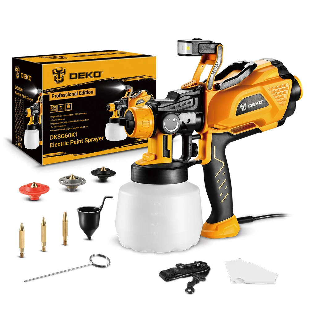 DEKO 1200ml HVLP Spray Gun with LED light High Power Electric Paint Sprayer,3 Nozzle &  Large capacity Easy Spraying
