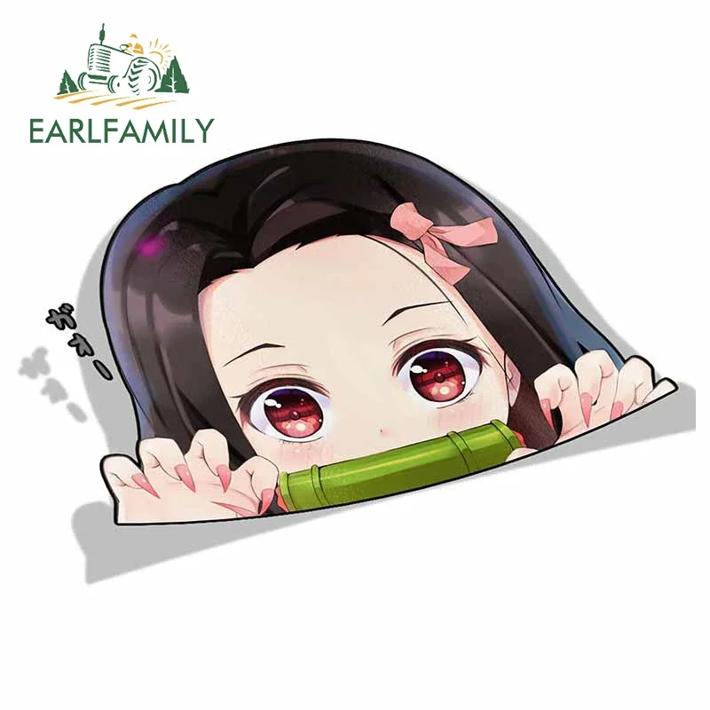 EARLFAMILY Cartoon Car Sticker for Nezuko Kamado Peeker Big Head Anime Vinyl JDM Rear Windshield Trunk Stickers