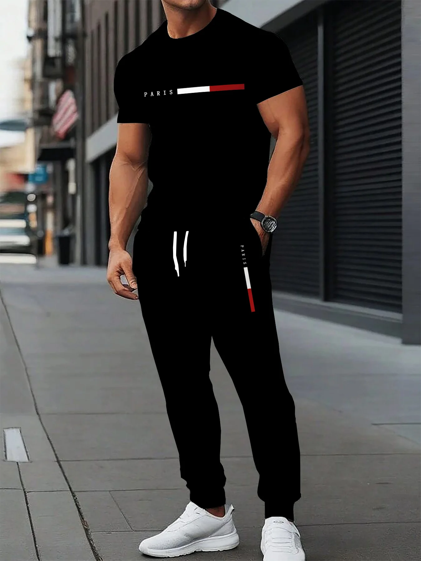 

Men's short-sleeved long pants sports suit Elegant casual round-neck style Print Regular fit two-piece set Patterned t-shirt