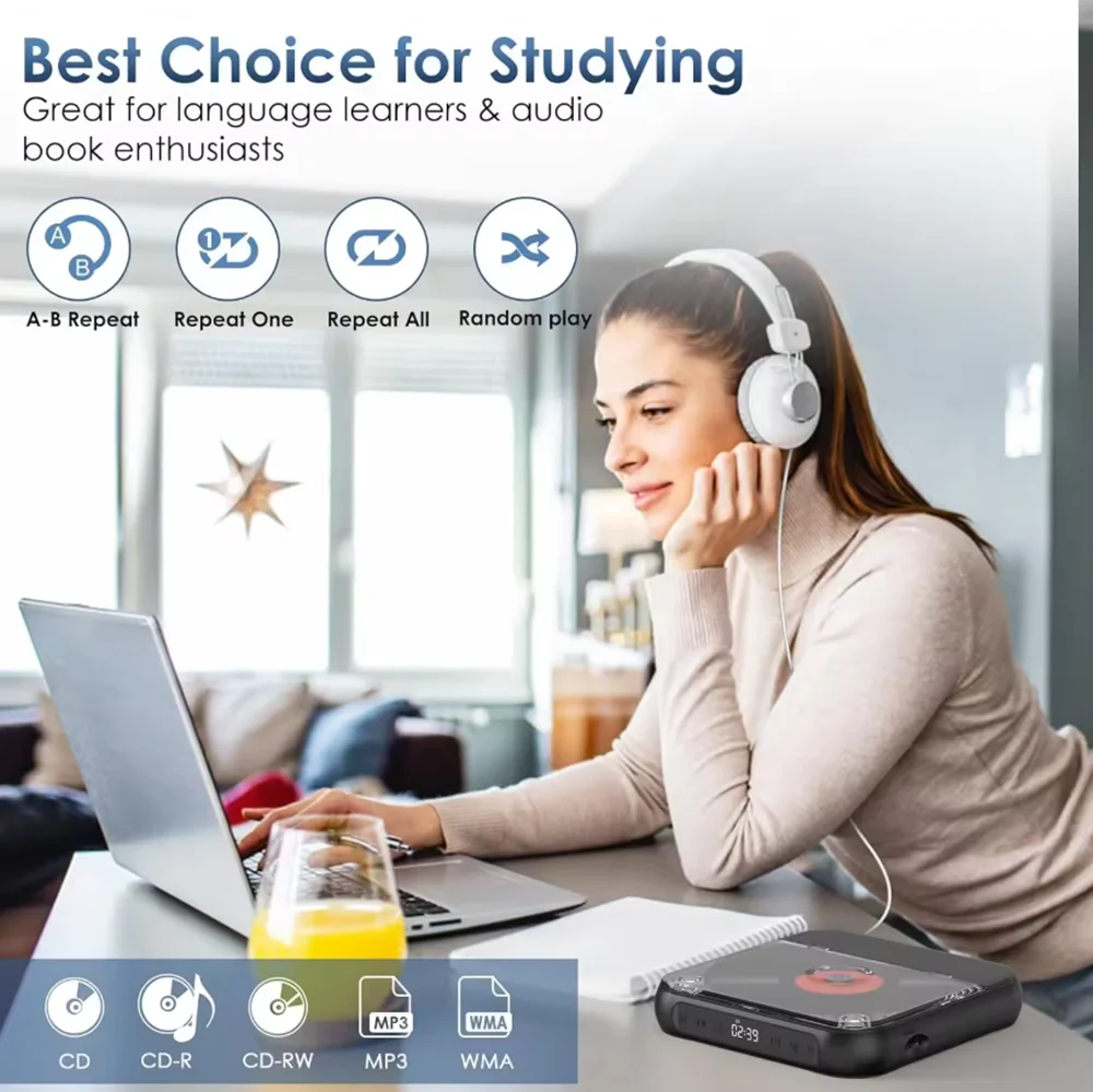 

Global Portable Bluetooth CD Player USB-C Quick Charging gift for Study Music Grandparents Black