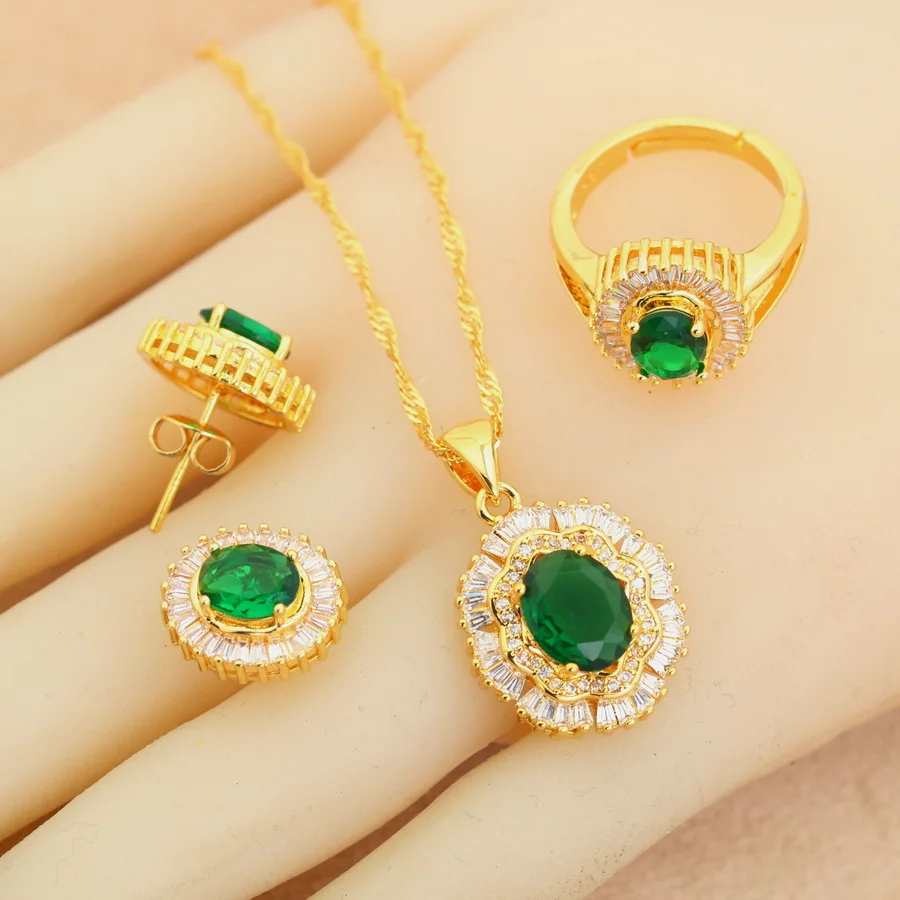 Amazing 18k Gold Plated Weding Jewelry Sets for Women Green Crystal Earrings Necklace Pendant Open Ring Party Gift