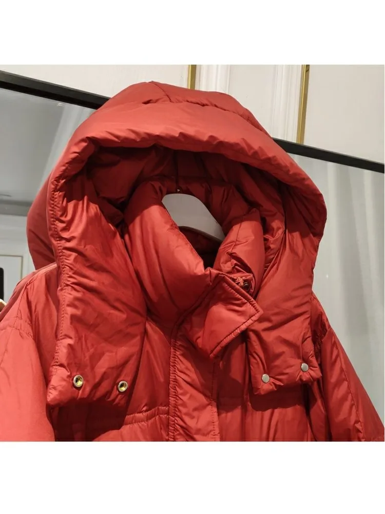 Winter Hooded Down Long Jacket Women 90% White Duck Down Coat Casual Loose Pleating Parkes Snow Windbreak Warm Outwear