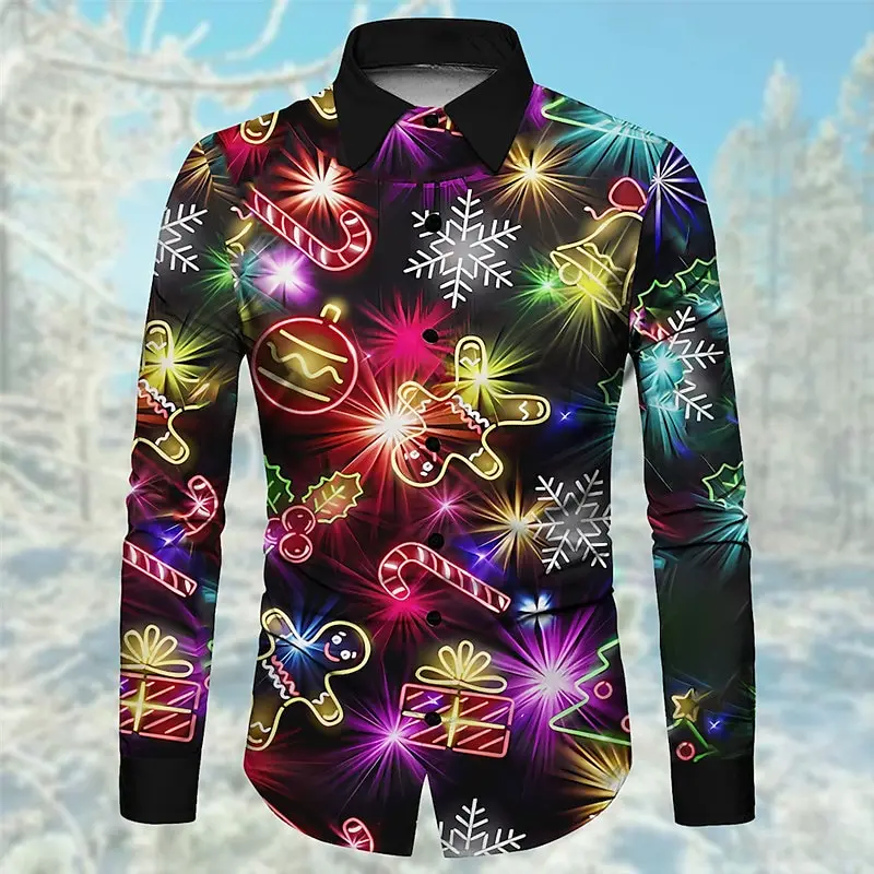 

Christmas men's Christmas gingerbread high-definition pattern casual daily wear long sleeved shirt fashionable men's clothing