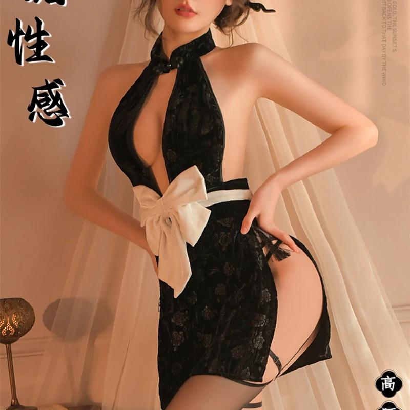 Black Classical Hollow Out Bow Cheongsam Skirt Sexy Lingerie Print Halter Chinese Traditional Qipao Dress Women's Pajama Sex Set