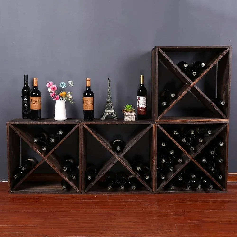 

Wine Racks countertop Solid Wood Stackable Storage Rustic Retro Cube 48-Bottle Wooden Wine Rack Wine Cabinet(48BottleBlack)