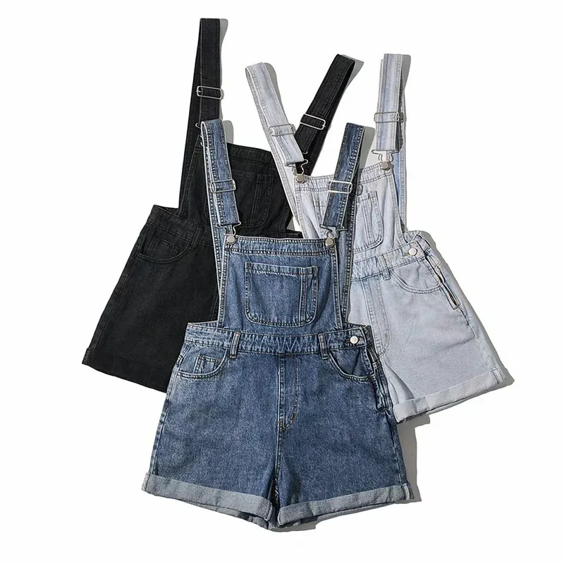 2024 Summer Korean Student Versatile Denim Backstrap Shorts Women Wide Leg Playsuits Loose Rolled Rompers Girl Jumpsuit Overalls