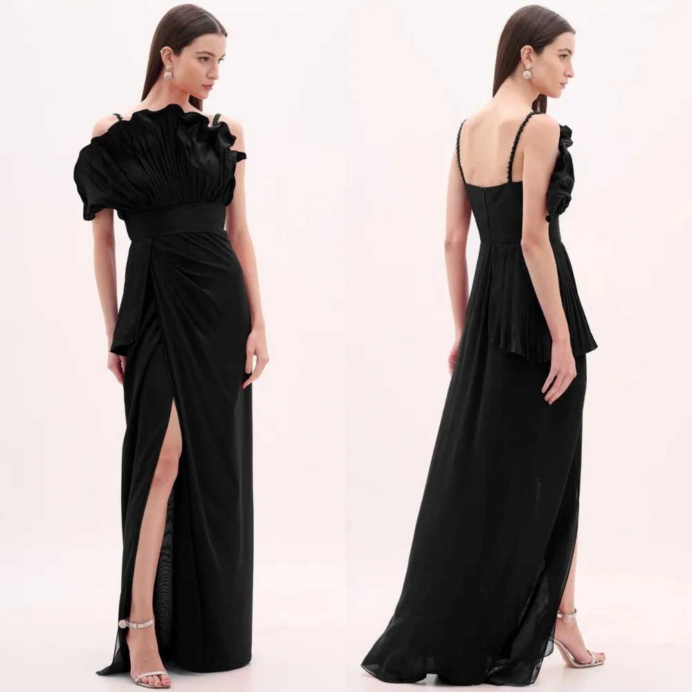 

Customized Sexy Fashion Chiffon Pleat Beading Draped A-line Spaghetti strap Long Dresses Bespoke Occasion Dresses High Quality