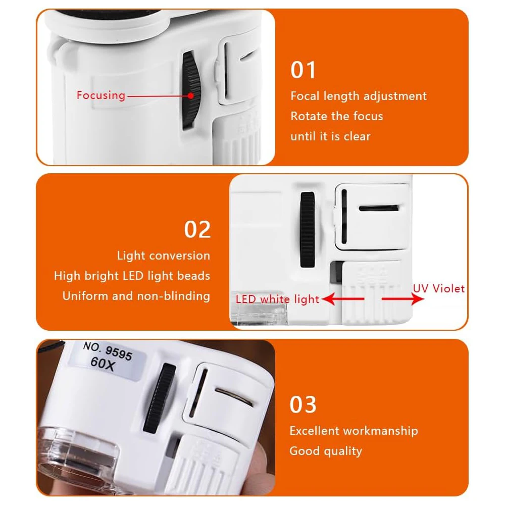 Imagem -03 - Lupa Iluminada 60x com Lâmpada Led Mini Microscópio de Bolso Lupa de Joalheiro Portátil Ferramentas Lupa