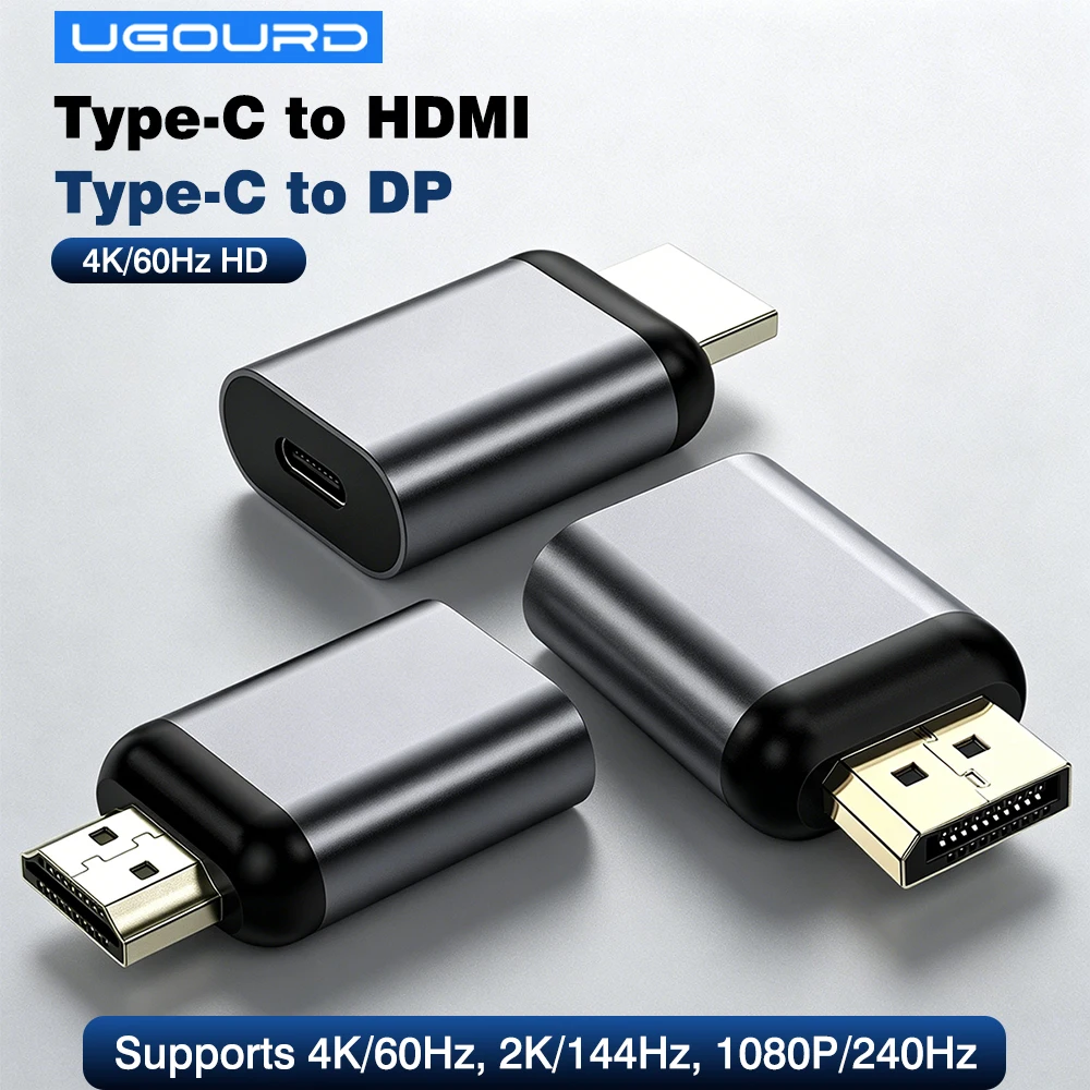 Adaptador UGOURD Tipo C para HDMI / DisplayPort 4K 60Hz Alta Taxa de Atualização 2K144Hz 1080P240Hz Adaptador USB-C para HDMI / DP Masculino