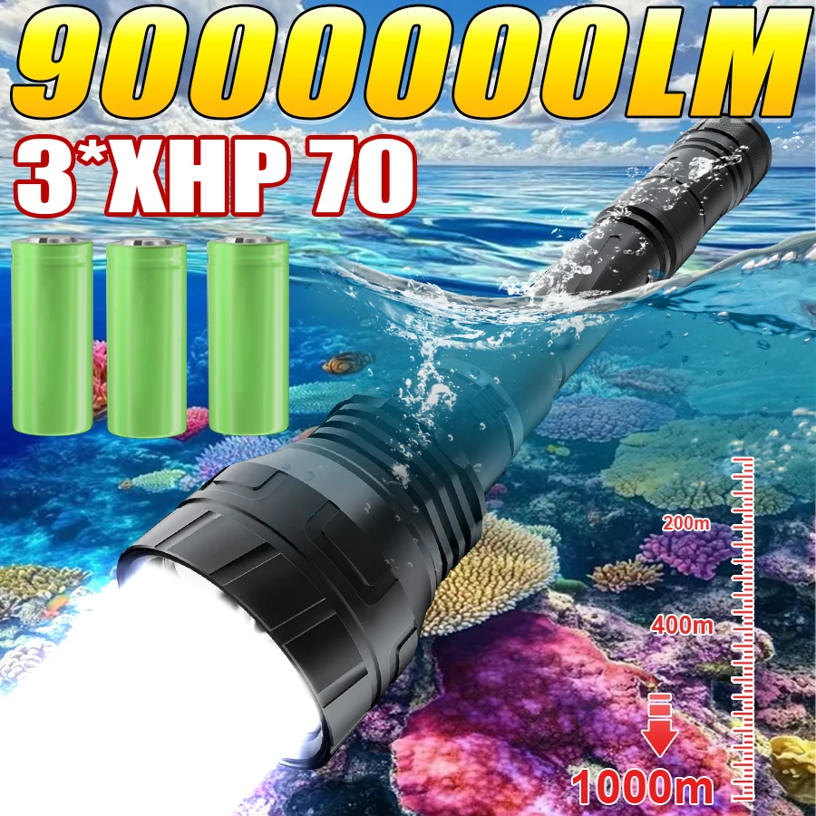 

2026 Профессиональный 3 * XHP70 светодиодный фонарик для дайвинга, яркий перезаряжаемый 3 * 18650/26650, аккумулятор, подводный фонарик, светильник для кемпинга, рыбалки