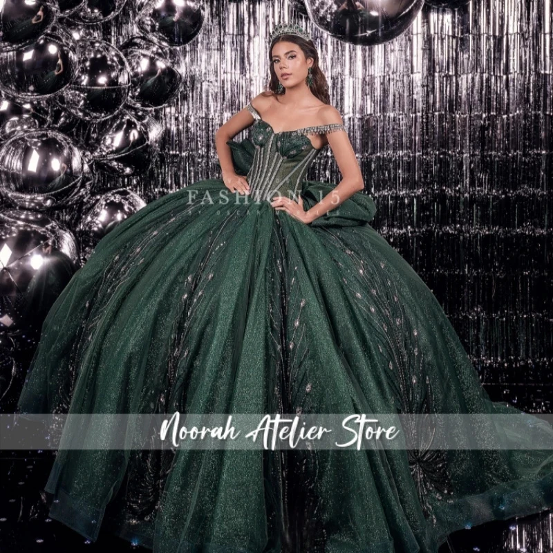 

Blackish Green Shiny Quinceanera Dresses Off The Shoulder Beading Crystal Bow Tull Corset Ball Gown Vestidos De 15 Anos Sweet 16