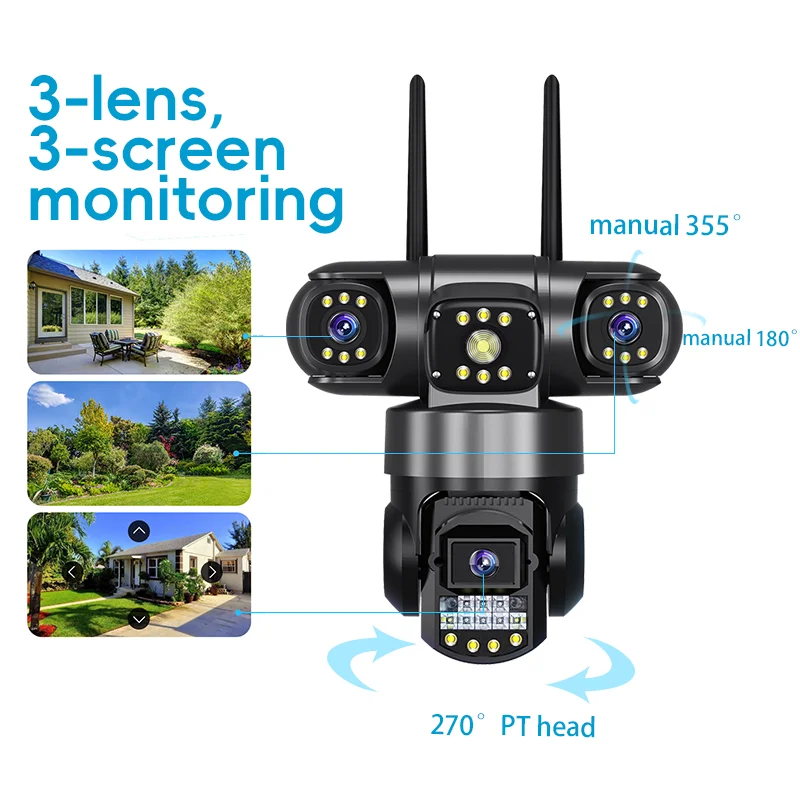 V380 Pro 3 Lens 3 Screens Wifi PTZ Camera Color Night Vision Motion Detection Two Way Audio IP66 Surveillance Cameras