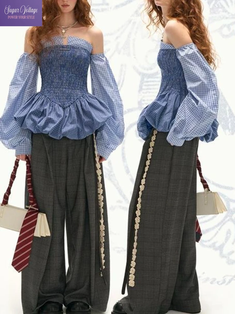 

American Retro Fashion Elegant 2 Piece Set Women Slim Fit Blue Plaid Tops + High Waist Wide Leg Pants Y2K Streetwear Emo Outfit