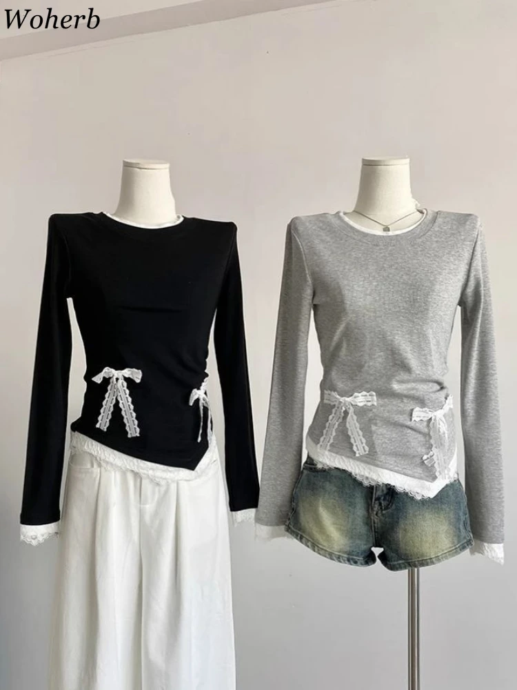 

2025 Ropa Mujer Autumn Fake Two Pieces Tshirts for Women Patchwork Lace Irregular T-shirt Fashion Korean Sweet Bow Slim Fit Tops