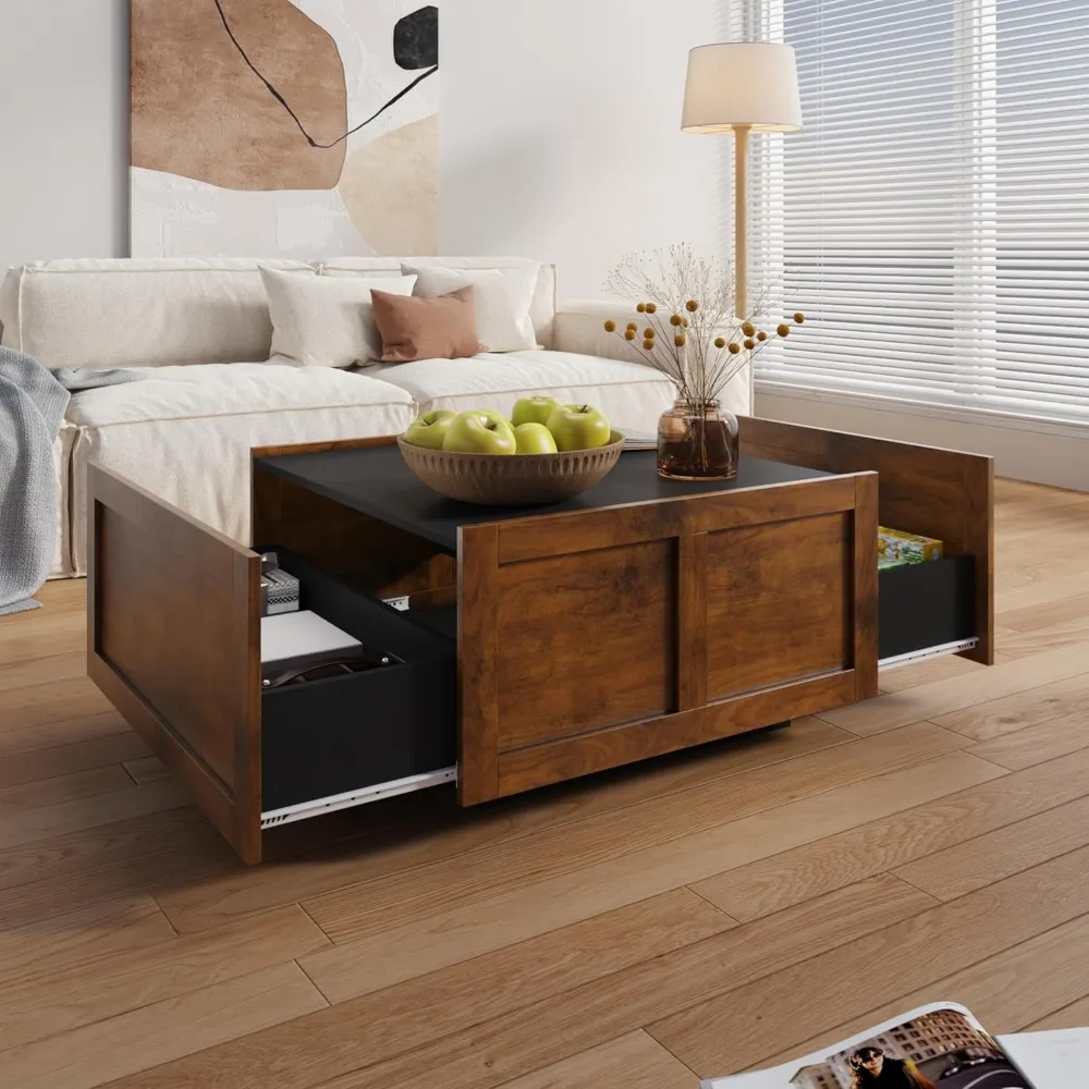 

Журнальный столик в фермерском доме с двумя ящиками для хранения вещей для гостиной, квадратный центральный средний столик, современный коктейльный столик, современный средний