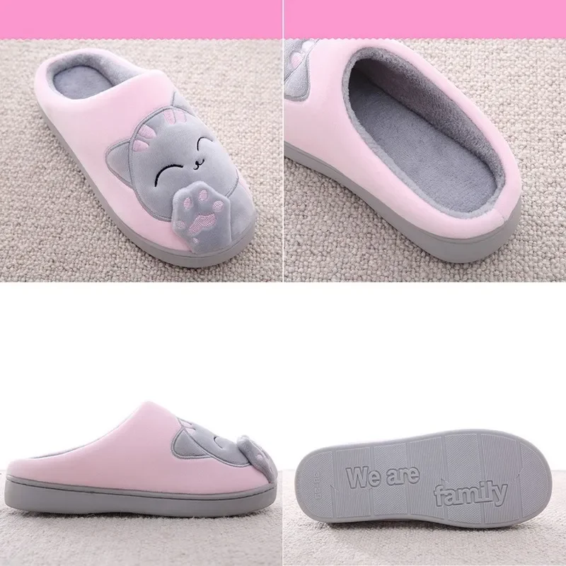 Women Winter Warm Slippers Cartoon Cat Shoes Furry Plush Slides Round Toe Flats Indoor Home Bedroom Floor Slippers Ladies Shoes