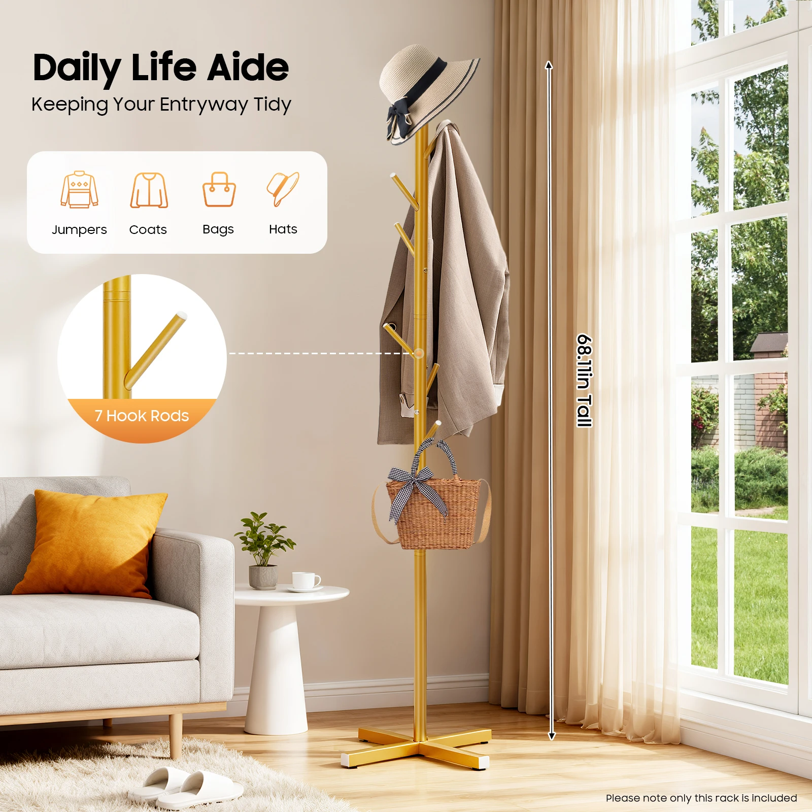 

Напольная вешалка Golden Tree, 7-крючковый железный органайзер для прихожей для шляп и сумок, современная отдельно стоящая вешалка для одежды и головных уборов