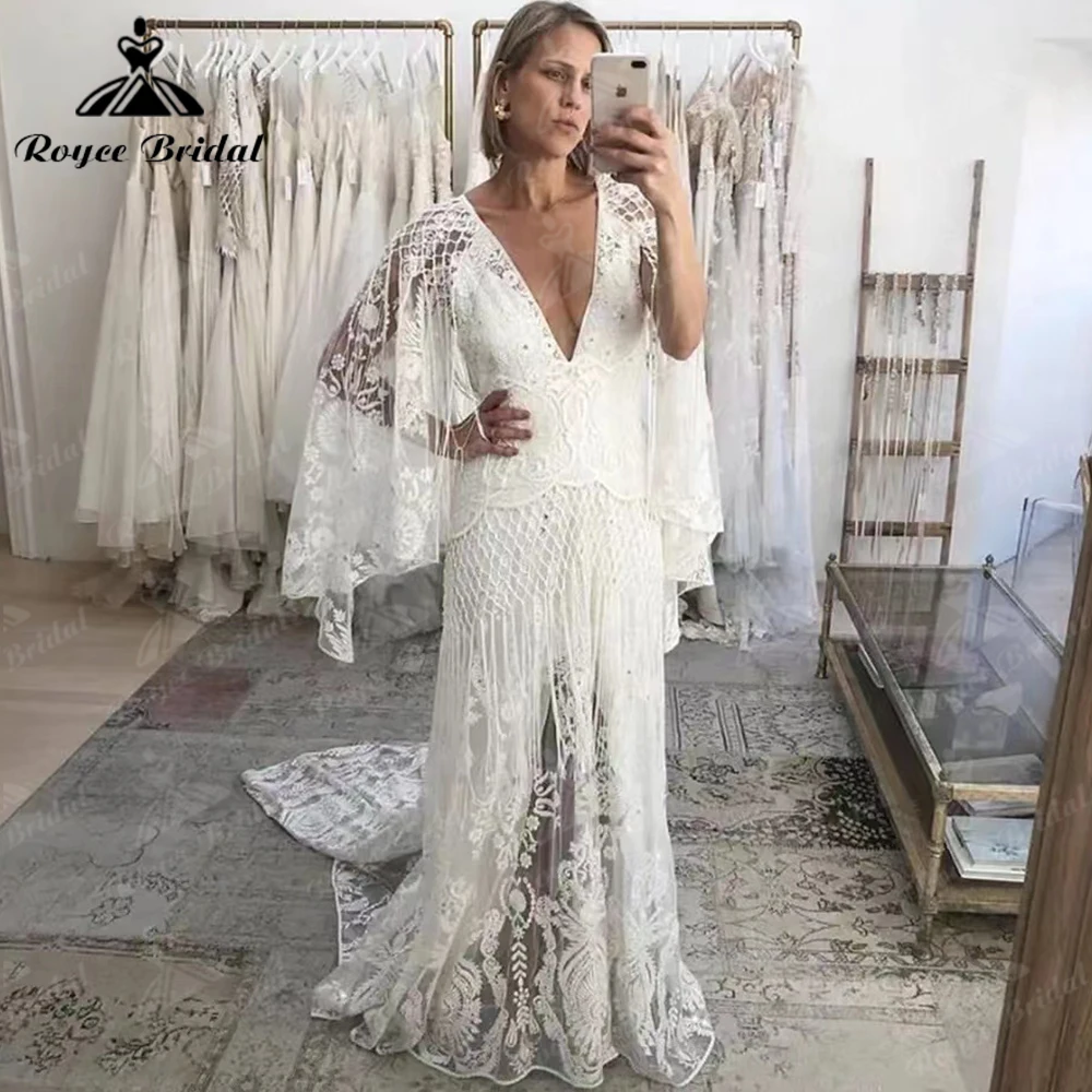 Vintage Boho Lace Wedding Dresses Country A Line 2023 Sexy V Neck Lace Bohemian Bridal Gowns Backless Long Sleeve Robes De Marie