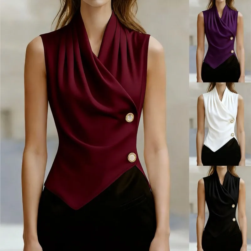 Image of Damenblusen 2026 Neue Sommermode V-Ausschnitt Pendler-Twist-Plissee Sexy Vielseitige Ärmellose Bluse Lässige Oberteile Damenbekleidung