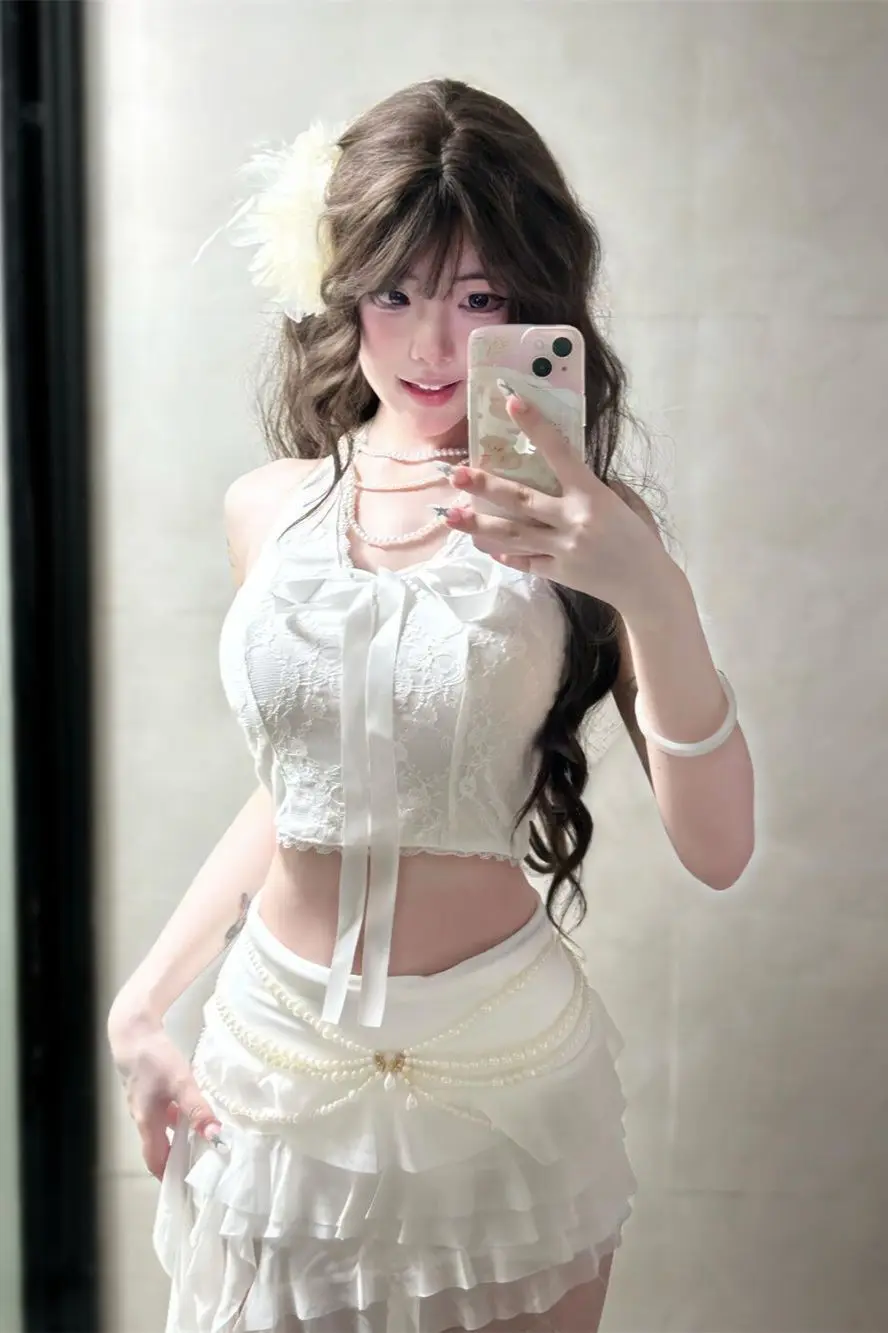 

Summer Sweet Spicy Lace Halter Set Women Flowy Asym Skirt Fitted Top Effortless French Coordinates​