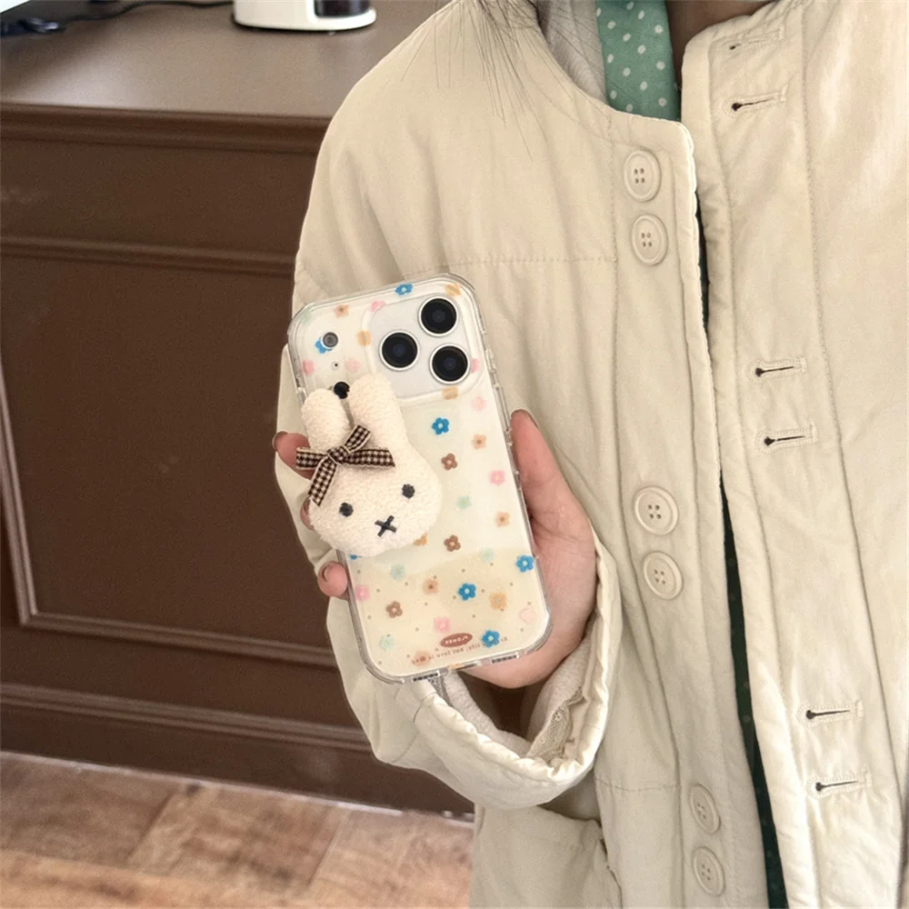 

Korea INS cute little flower plush 3D rabbit phone case for iPhone 17 13 14 15 16 Pro Max Fundas new protective cover For 16 17