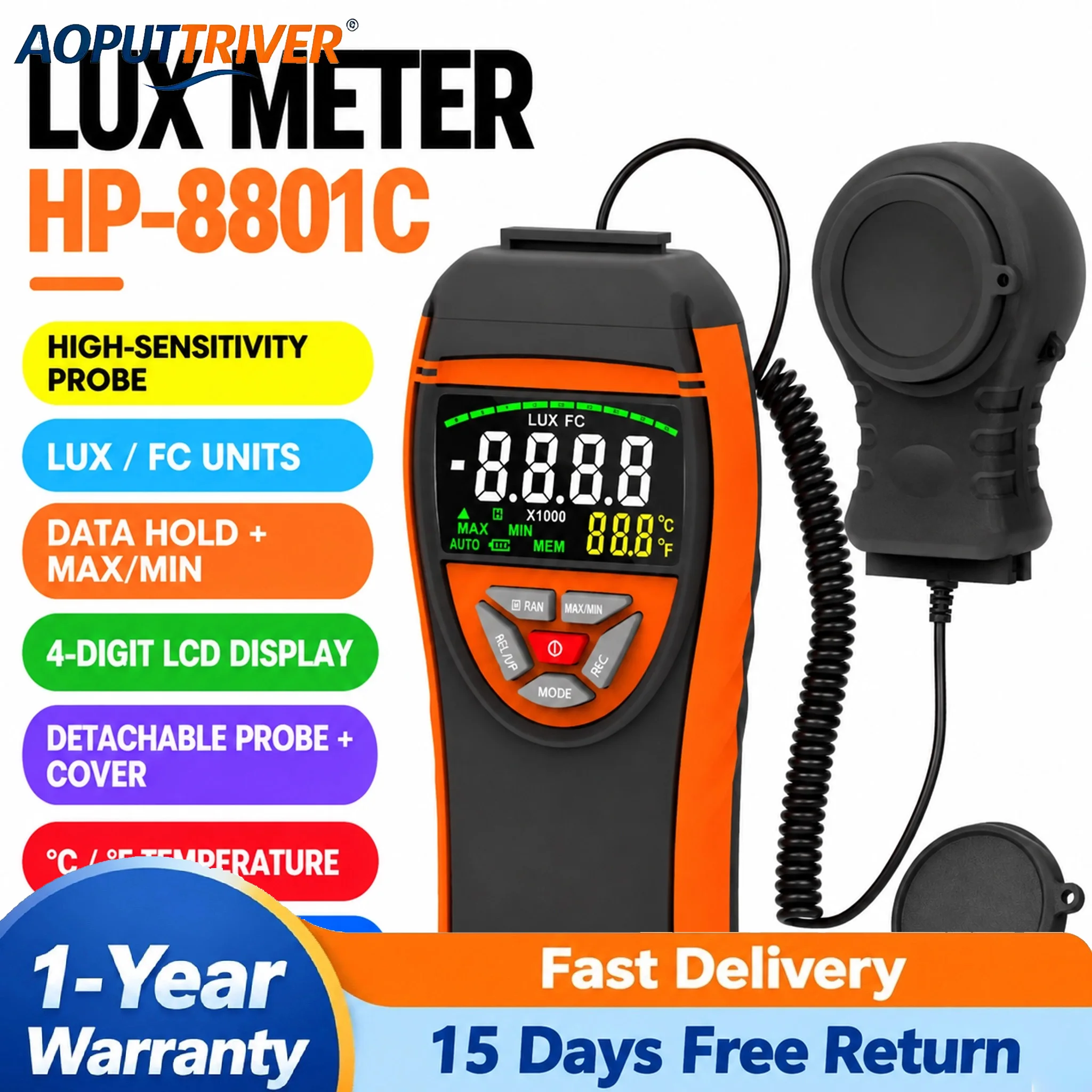 Digital Lux Meter 0.1~400,000Lux Illuminance Tester Light Measurement Tool with Separate Sensor, Data Hold, Max/Min Auto Ranging
