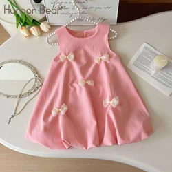 Humor Bear Summer New Sweet Girls Bow Decorative Sleeveless Vest Fluffy Pod Dress Children's Clothing