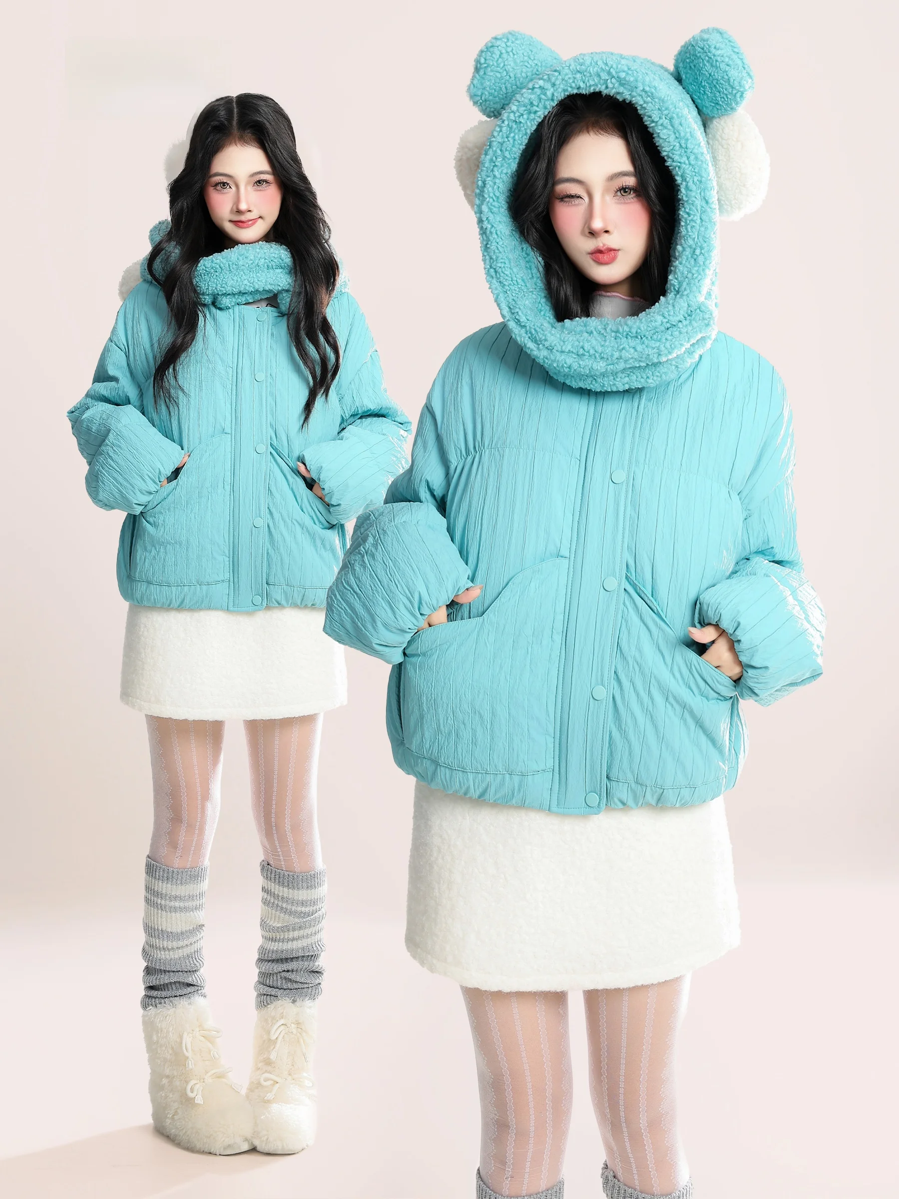 

HM Cute Ear Hooded Du down Jaet Women's Winter Thiened Warm Cold-resistant Bread Sle Outerwear Casual Loose Fit