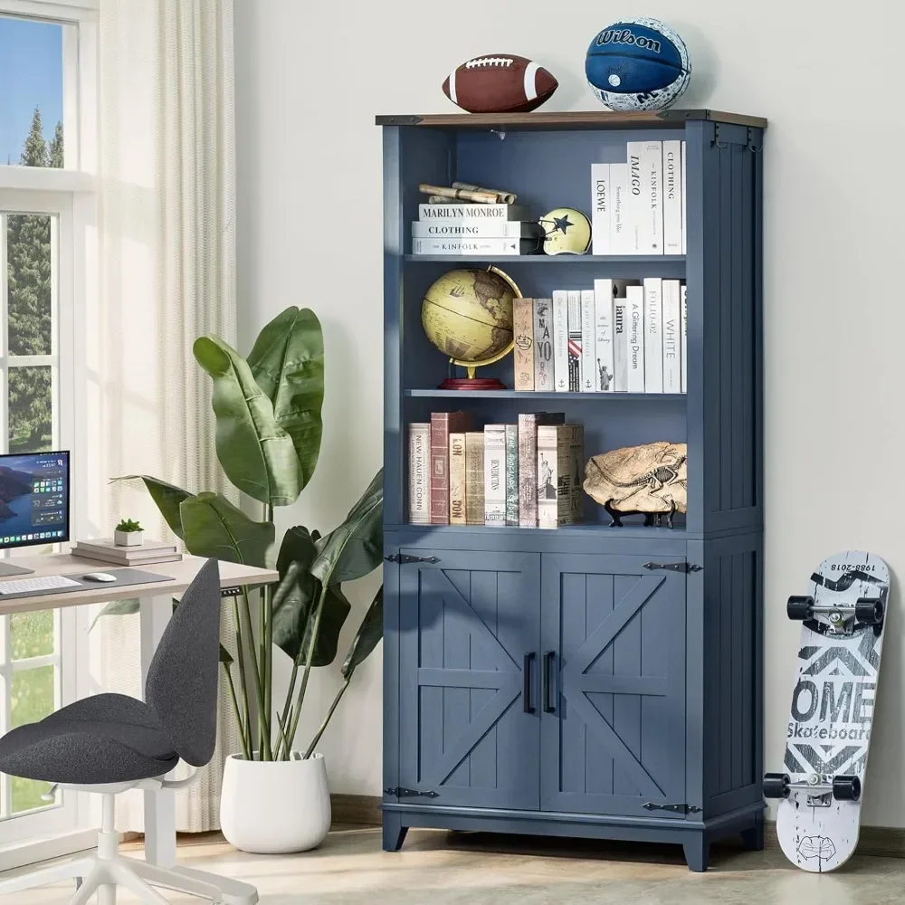 70in Tall Bookshelf 5 Tier Bookcase with Barn Doors and Adjustable Shelves, Blue Farmhouse Book Shelf with Storage Cabinet