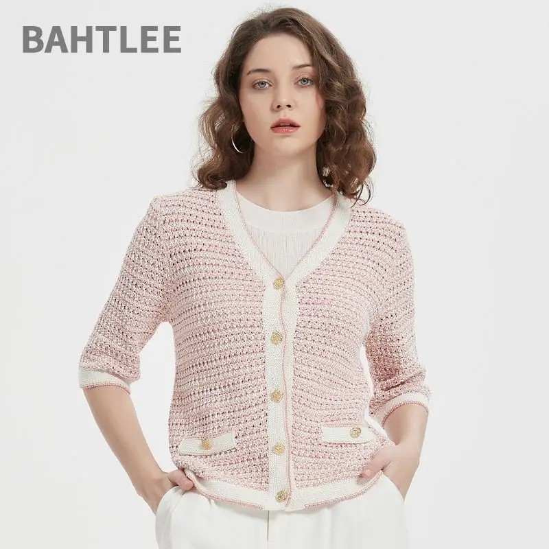 BAHTLEE-Women's Linen Half Sleeve V-Neck Cardigan with Button, Knitted Sweaters, Single Breasted Pocket, Summer