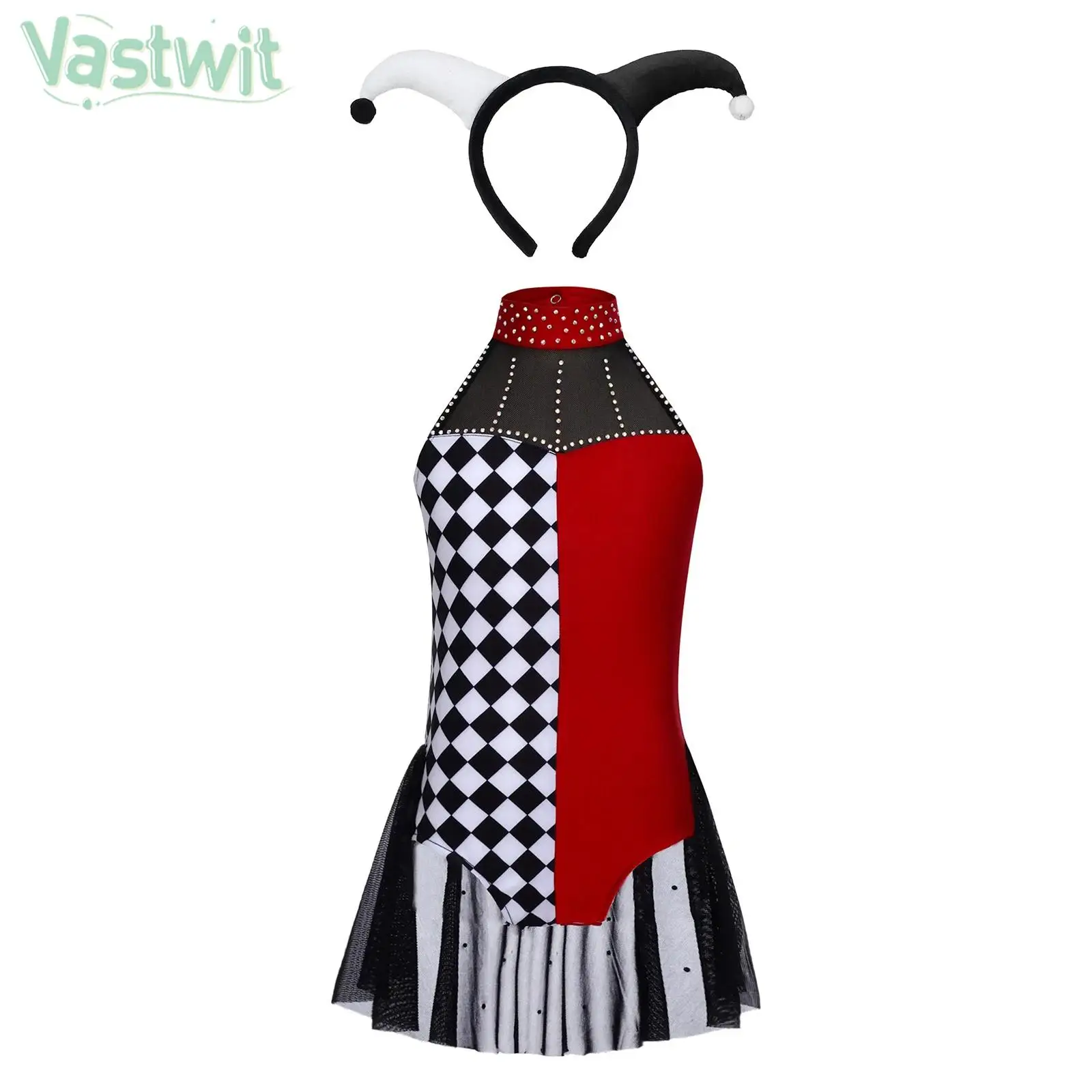 Girls Circus Clown Funny Joker Costume Sleeveless Rhinestone Mesh Leotard Dress with Headwear for Halloween Carnival Cosplay