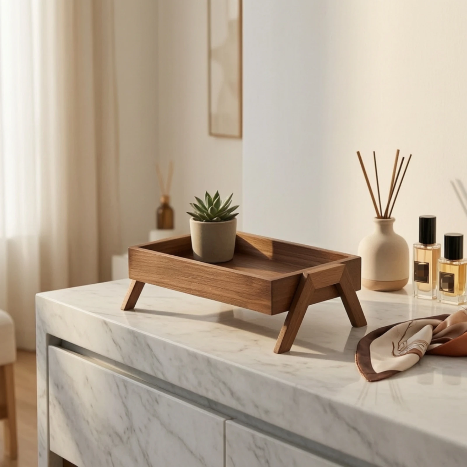 Wood Tray with Legs Compact Walnut Valet Tray Multipurpose Versatile for Entryway, Dresser