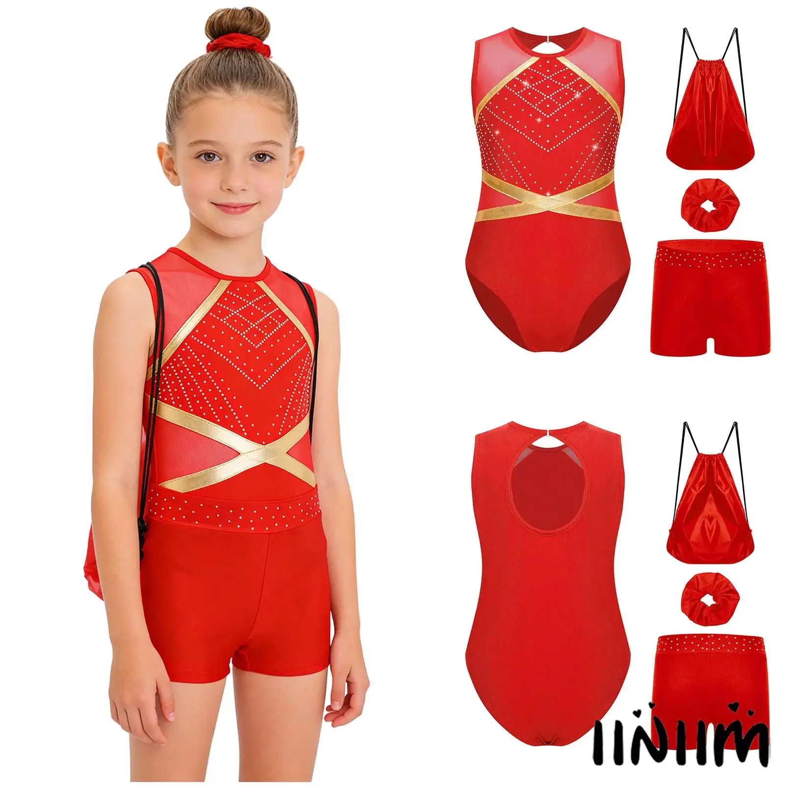 

Girls 4Pieces Figure Skating Dance Outfit Sleeveless Shiny Rhinestone Gymnastics Leotard+shorts Hairband+Drawstring Backpack Set