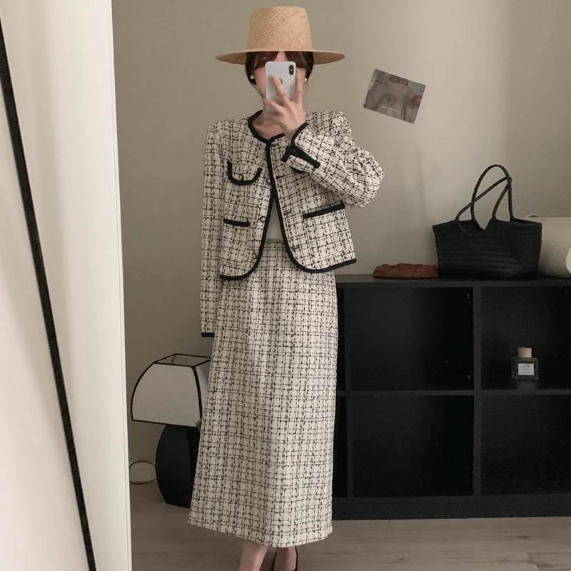 High Quality Small Fragrance 2 Piece Sets Women Outfit Tweed Long Sleeve Coat + Long Skirt Elegant Women's Suit Korean Fashion