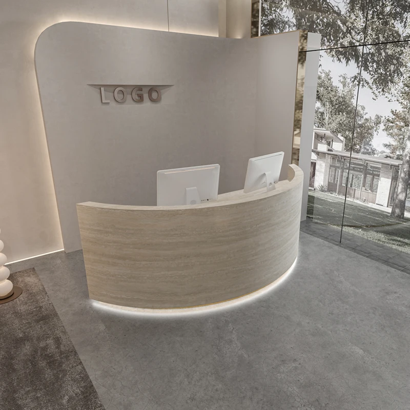 Beauty salon Clothing shop Company hand drawn checkout page information Modern curved limestone front desk