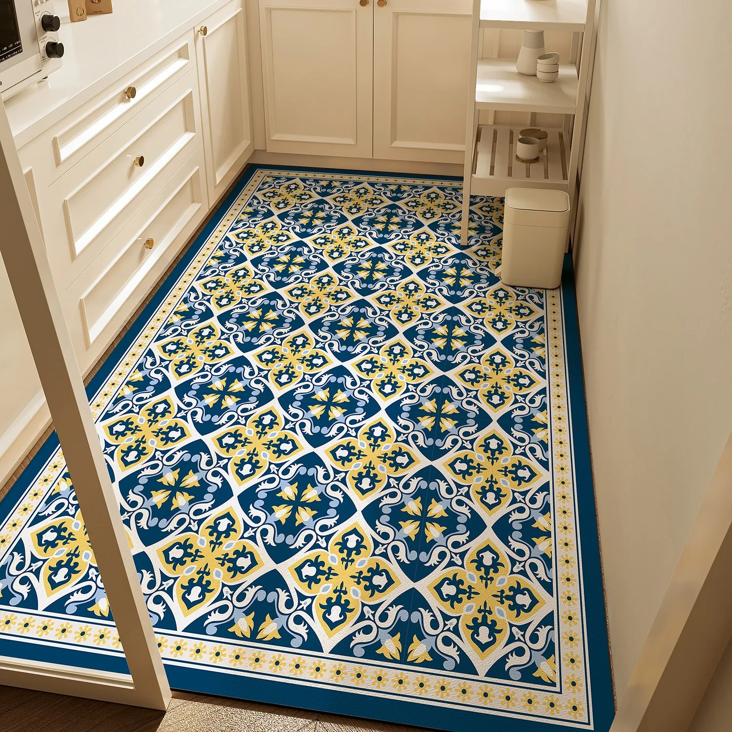 Vintage Azulejo Tile BOHO Kitchen Floor Mats Dirty Resistant Easy Clean Rugs PVC Leather Anti-slip Carpet Balcony Mat 주방매트 바닥매트